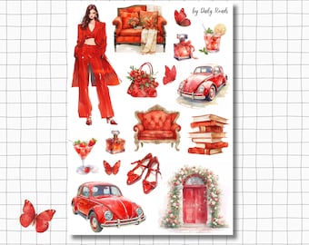 Sticker Sheet - Red Suit | Watercolor | Bullet Journal Stickers | Scrapbook Stickers | Planner Stickers | Fashion
