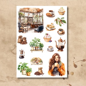 Foglio di adesivi - Caffetteria / Accogliente / Piante / Caffè / Piante / Adesivi Bullet Journal / Adesivi per album / Adesivi Planner