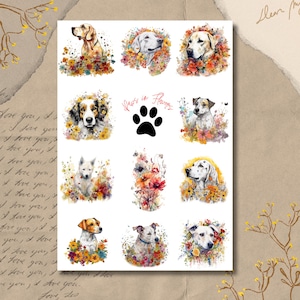 Sticker Bogen - Tatzen In Blumen | Hunde | Niedlich | Bunt | Blumen | Bullet Journal Aufkleber | Scrapbook-Aufkleber | Planner Sticker
