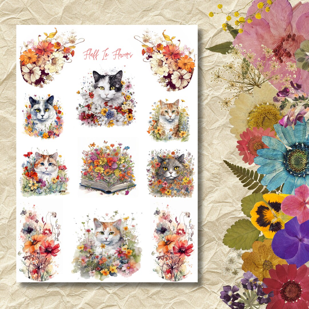 Sticker Sheet - Cats in Flowers | Cats | Cute | Colorful| Books ...
