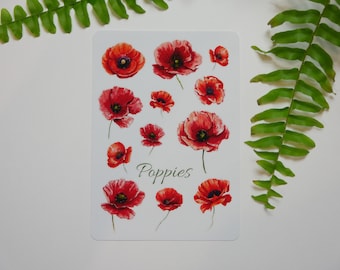 Sticker Sheet - Poppies | Watercolor | Bullet Journal Stickers | Scrapbook Stickers | Planner Stickers | Flowers