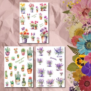 3 A6 Sticker Bogen - Blumentopf Set | Aquarell | Bullet Journal Aufkleber | Scrapbook-Aufkleber | Planer Aufkleber | Blumen | Kaktus