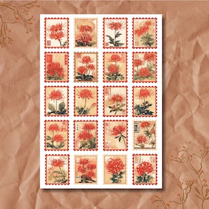 Folha da etiqueta dos selos postais - lírio vermelho da aranha | Decoração | Floral | Colorida