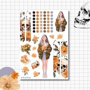 Arkusz naklejek - Czaszki i kwiaty | Akwarela | Naklejki do Bullet Journal | Naklejki do scrapbookingu | Naklejki do planera | Dziewczyna z anime | Kwiaty
