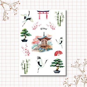 Hoja de pegatinas de Japón: Ikigai, patrones japoneses, sakura, acuarela, pegatinas para bullet journal, pegatinas para scrapbook y pegatinas para planificador