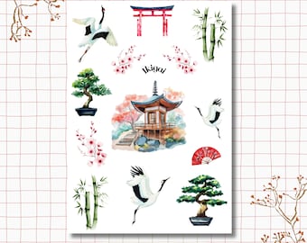 Japan Sticker Sheet - Ikigai | Japanese Patterns | Sakura | Watercolor | Bullet Journal Stickers | Scrapbook Stickers | Planner Stickers