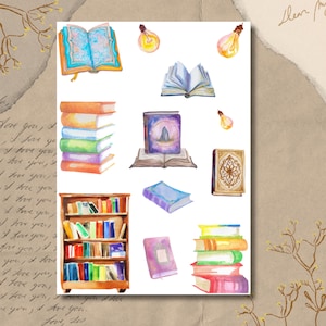 Hoja de pegatinas: libros, lectura, estanterías, acuarelas, pegatinas para bullet journal, pegatinas para scrapbook y pegatinas para planificadores