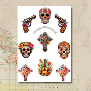Sticker Bogen - Juarez Gunslinger | Kaktus | Totenköpfe | Waffen & Glaube | Bullet Journal Aufkleber | Scrapbook-Aufkleber | Planner Sticker