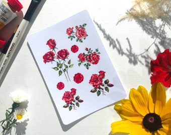 Foglio adesivo - rose rosse / acquerello / adesivi Bullet Journal / adesivi scrapbook / adesivi Planner / fiori / motivo floreale