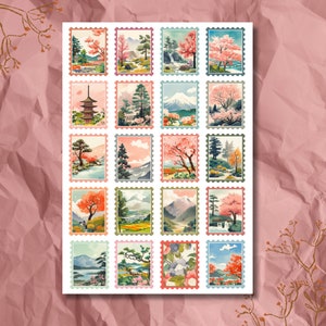 Hoja de pegatinas de sellos postales - Primavera japonesa / Decoración / Floral / Colorido