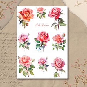 Feuille d'autocollants - Roses roses | Aquarelle | Stickers Bullet Journal | Stickers pour scrapbooking | Stickers pour agenda | Fleurs | Motif floral
