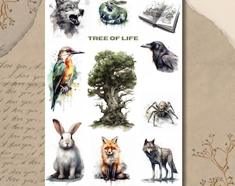 Sticker Sheet - Tree Of Life | Animals | Book |  | Bullet Journal Stickers | Scrapbook Stickers | Planner Stickers