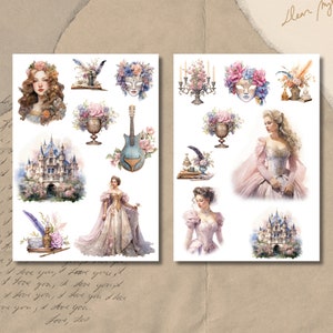 2 Sticker Bogen Set - Barock Epoche | Schloss | Prinzessin | Blumen | Bullet Journal Aufkleber | Scrapbook-Aufkleber | Planner Sticker