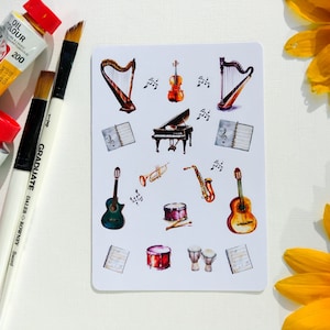 Stickervel - Muziekinstrumenten | Waterverf | Bullet Journal-stickers | Plakboekstickers | Planner-stickers | Gitaren | piano | Trommels