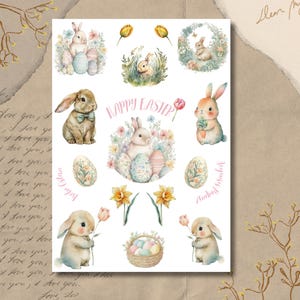 Feuille d'autocollants - Joyeuses Pâques | Lapins | Mignon | Vacances | Oeufs de Pâques | Stickers Bullet Journal | Stickers pour scrapbooking | Stickers pour agenda |