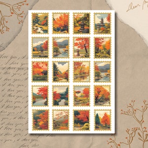Hoja de pegatinas de sellos postales: otoño japonés, decoración, árboles, colorido, otoño