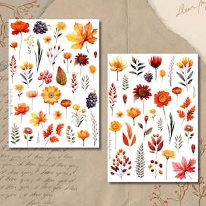 Ensemble de feuilles d'autocollants - Jardin d'automne | Automne | Stickers Bullet Journal | Stickers pour scrapbooking | Stickers pour agenda | Fleurs | Jaune | Orange