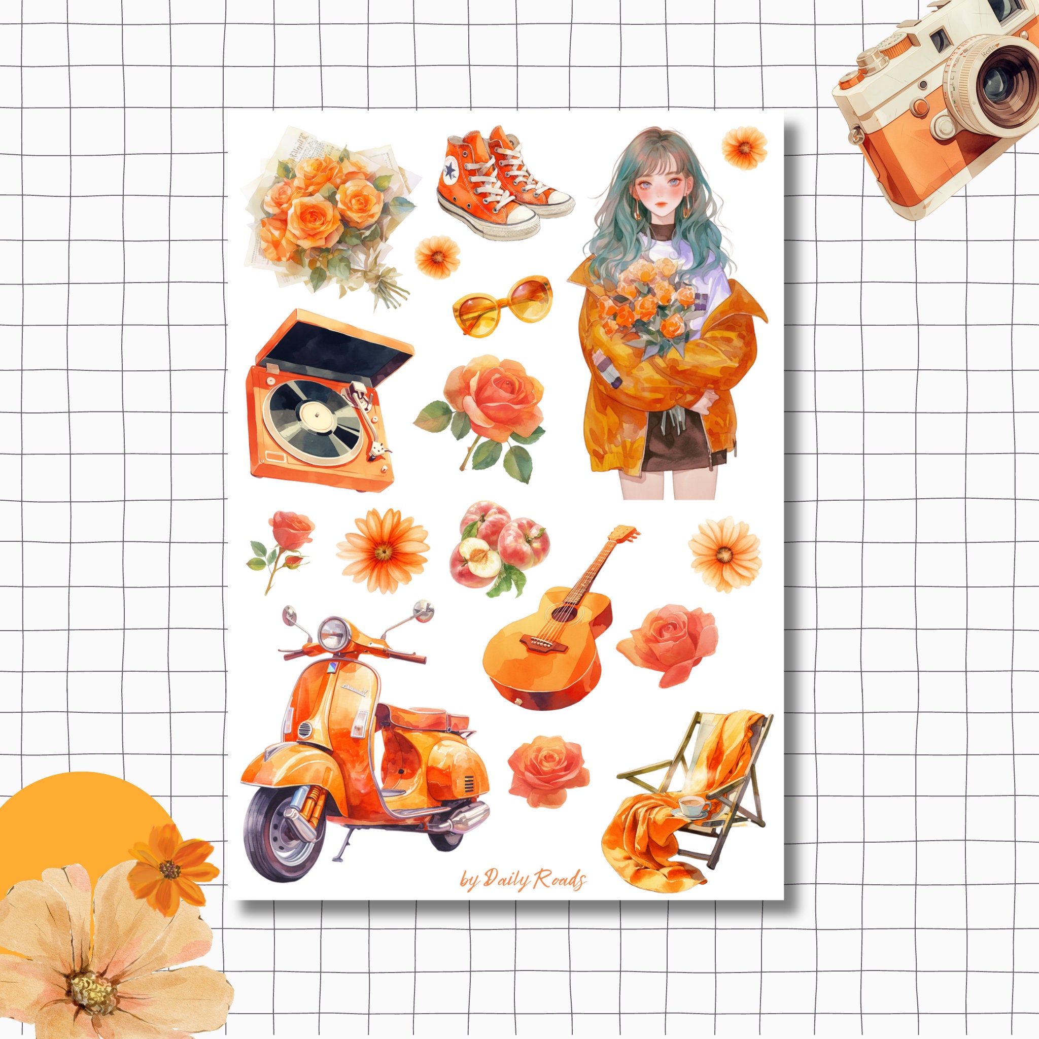 Sticker Sheet - Peachy Orange | Watercolor | Bullet Journal Stickers | Scrapbook Stickers | Planner Stickers | Anime Girl | Floral
