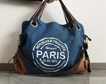 Large Handmade Canvas Shoulder Bag, Vintage Style With Paris Print, Multi-functional Travel Tote, Durable Material, 17.7X25.6 inches
