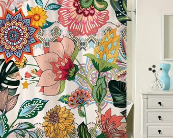 Maßgeschneiderter handgemachter Boho-Blumen-Duschvorhang – wasserdicht, maschinenwaschbar, Heimdekoration – 152,4 x 182,9 cm mit 12 Haken