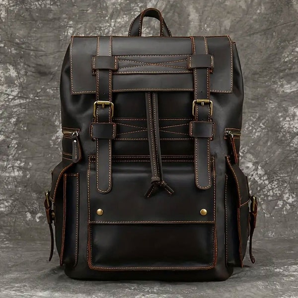 Premium Crazy Horse Leather Backpack Large Capacity, Vintage Retro Style for Men - Durable Cowhide Rucksack with Flap Travel Vintage Leather