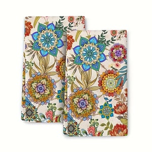 Custom Hand Made Boho Floral Kitchen Towels Decorative Set Of 2, 16x24inch Colorful Flowers Dish Towels For Kitchen, Absorbent Soft Towels