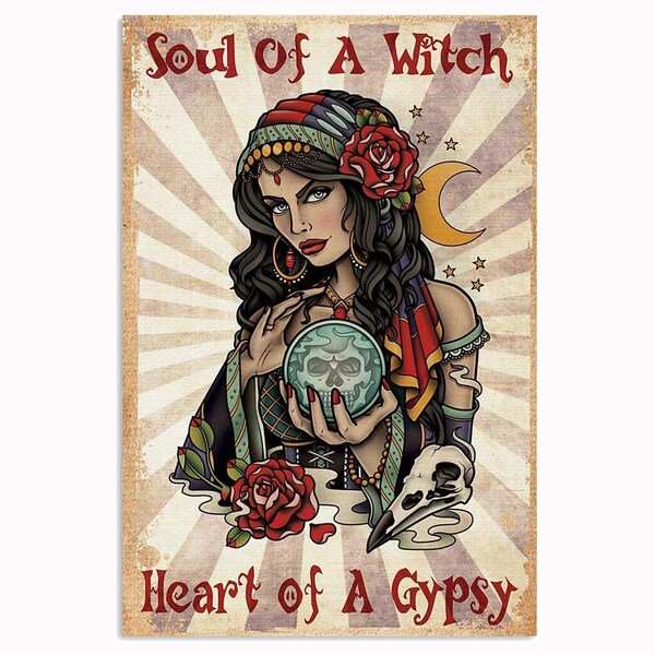 Handmade Fortune Teller Soul of a Witch Heart of Gypsy Retro Metal Tin Sign Rustic for Living Room Home Bathroom Wall Decor, 7.9x11.9 inches