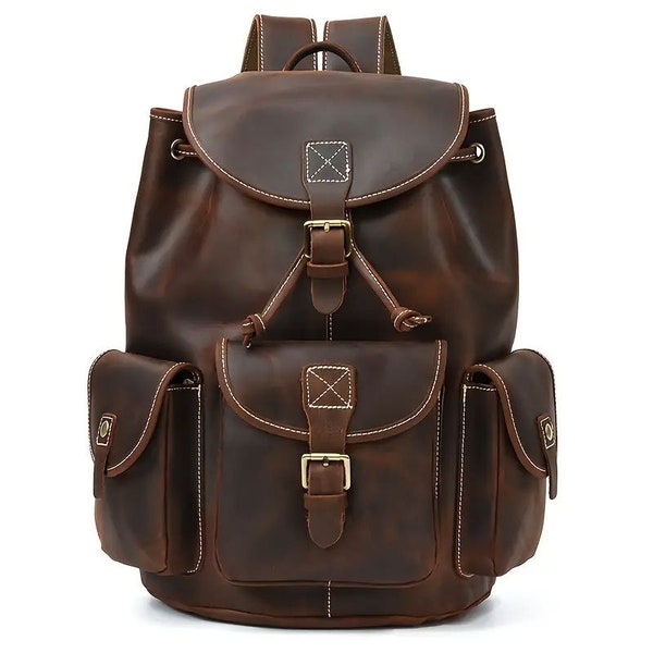 Redish Brown Color Genuine Leather Backpack, Vintage Cowhide Travel School Bag Messenger Bag for Men Women