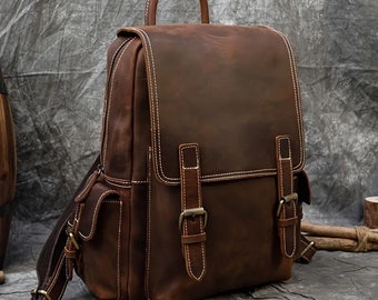 Handmade Genuine Leather Backpack, Vintage Crazy Horse Leather, Laptop Leather School Bag, Men And Women Business Travel Rucksack 15"x11"