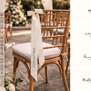 May include: A wooden chair with a cream-colored cushion and a cream ribbon tied to the back. The ribbon has the text "YOUR TEXT HERE" printed on it. The image also shows text options for wedding decor: "BRIDE", "GROOM", "Grandma", and "Molly".