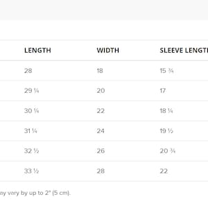 May include: A white size chart with measurements in inches for clothing. The chart includes size labels S, M, L, XL, 2XL, and 3XL, with corresponding length, width, and sleeve length measurements. Product measurements may vary by up to 5 cm.