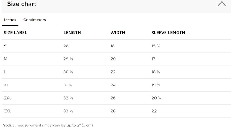 May include: A white size chart with measurements in inches for clothing. The chart includes size labels S, M, L, XL, 2XL, and 3XL, with corresponding length, width, and sleeve length measurements. Product measurements may vary by up to 5 cm.