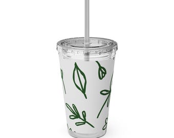 Green Doodle Floral Tumbler | 16oz Straw Cup