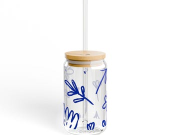 Blue Doodle Floral Sipper Glass 16oz | Clear Cup with Bamboo Lid & Straw