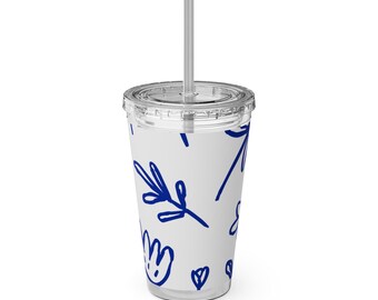 Blue Doodle Floral Tumbler | 16oz Straw Cup