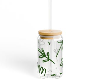 Green Doodle Flowers Sipper Glass | 16oz