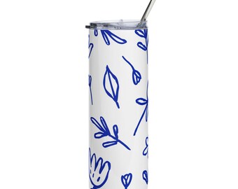 Blue Doodle Floral Pattern Tumbler | Stainless Steel 20oz
