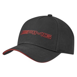 May include: A dark grey baseball cap featuring the red letters "AMG". The brim is trimmed with red. The cap has a rounded crown and a small button on top.