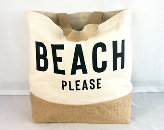 Beach bag "BEACH PLEASE" Beach bag, travel bag, shopper made of canvas and jute, beach bag with long handles