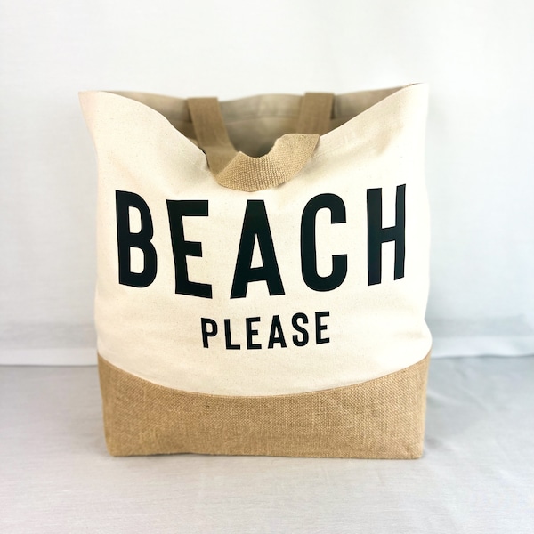 Beach bag "BEACH PLEASE" Beach bag, travel bag, shopper made of canvas and jute, beach bag with long handles