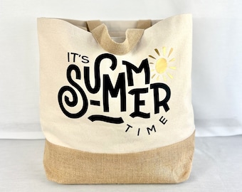 Beach bag "It's Summer Time", beach bag, travel bag, shopper made of canvas and jute, beach bag with long handles