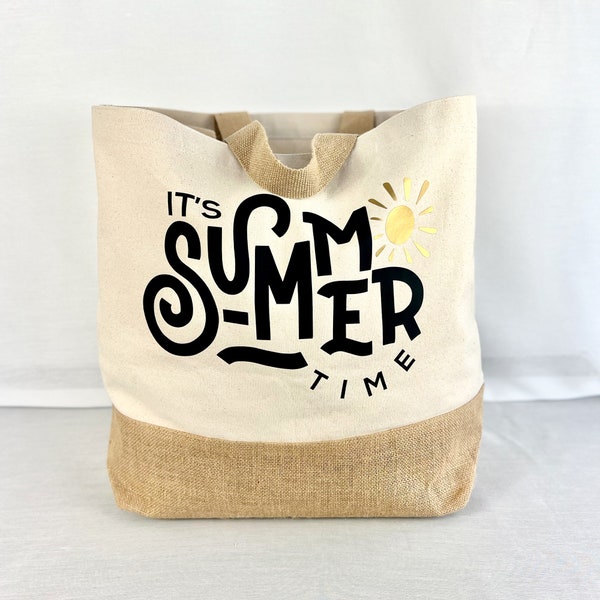 Beach bag "It's Summer Time", beach bag, travel bag, shopper made of canvas and jute, beach bag with long handles