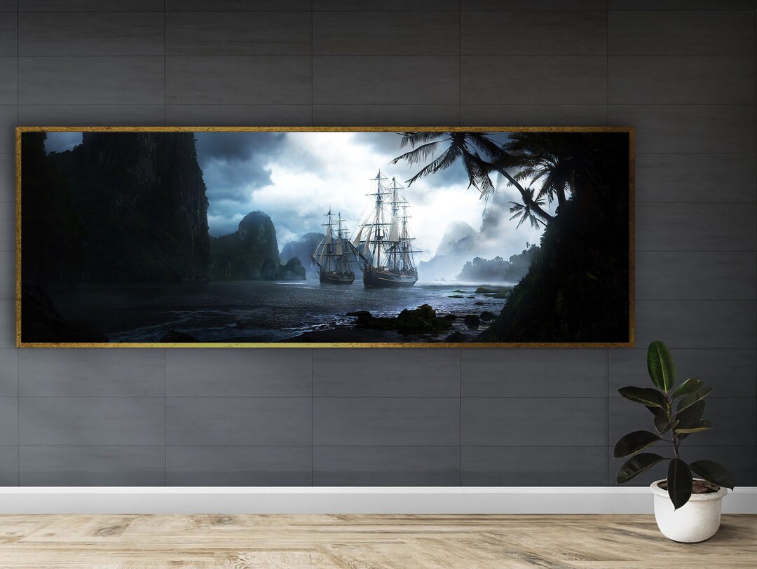 Pirate Ship Framed Canvas Painting, Sailing Ship Wall Decor, Abstract