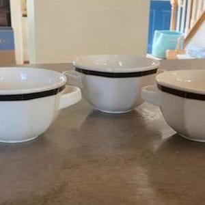 Set of 3 Villeroy & Boch Varia Black Cream Beveled Porcelain Soup Bowls with Double Handles