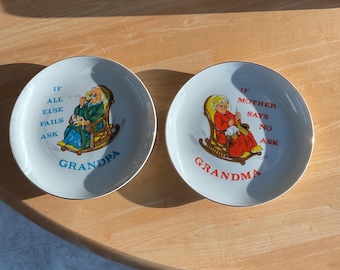 Grandpa and Grandma round decorative Porcelain Plates made in Korea with gold rims and hangers Set of 2