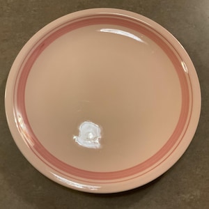 May include: A round, light pink plate with a double stripe of darker pink around the rim. The plate has a glossy finish and is set against a neutral background. This plate is suitable for serving food.