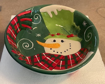 Fitz and Floyd Holly Hat Snowman Ceramic Serving Bowl/Holiday Bowl
