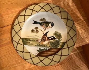 May include: A decorative ceramic plate featuring a detailed painting of two birds perched on a branch. The birds have brown, white, and black feathers. The plate has a light green border with a lattice design.