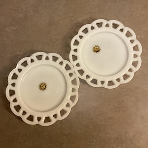 Opaque by Hazel-Atlas Early American Style Open Lace 8 inch milk glass luncheon plates set of 2