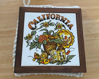 Retro Orient Square California Ceramic Trivet/Wall Hanging with Wood Boarder 4 x 4